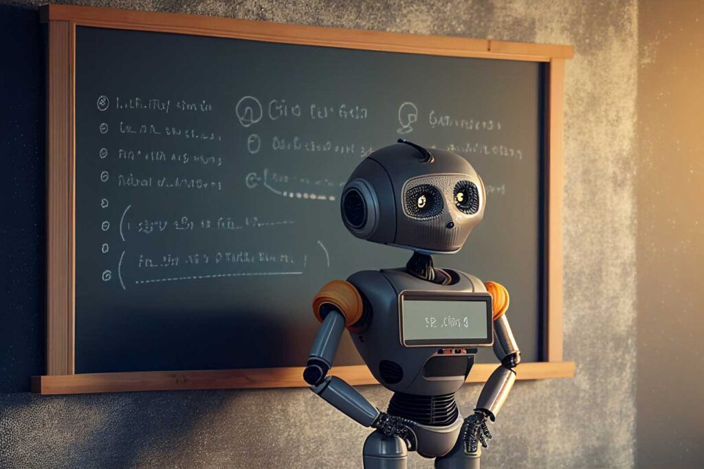robot teaching students with chalkboard behind the ai