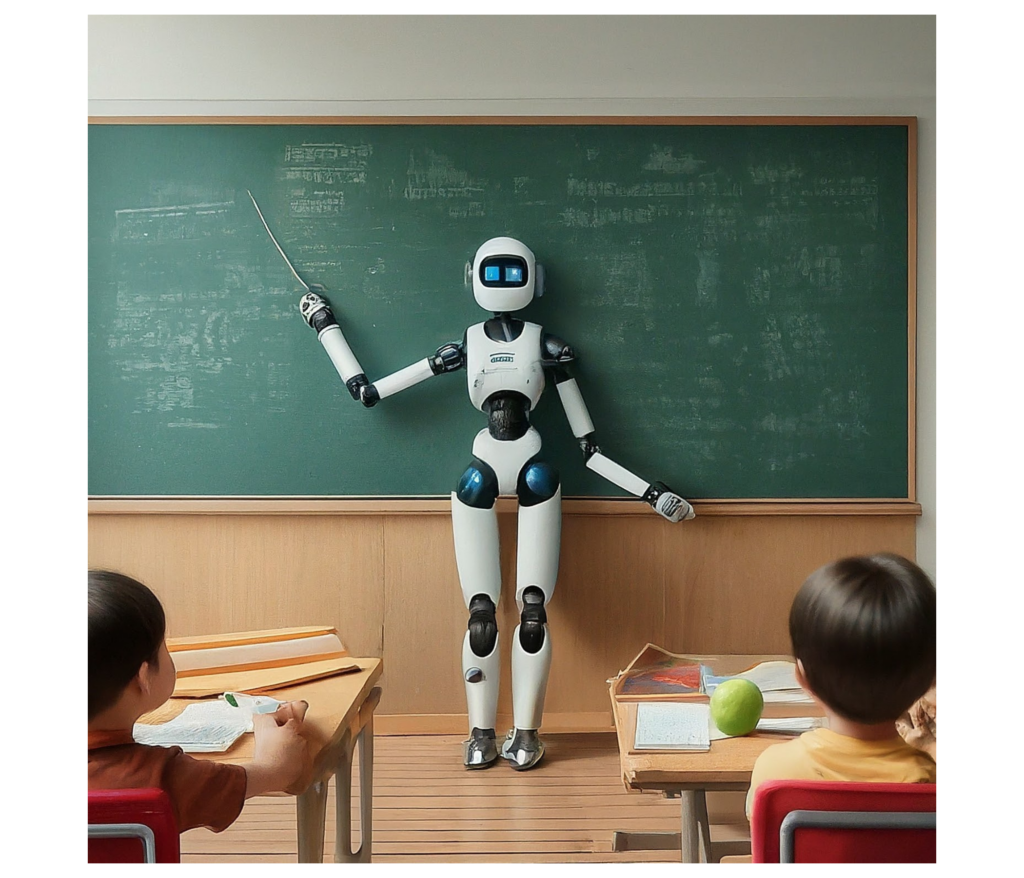 robot standing in front of chalkboard teaching elementary children in classroom