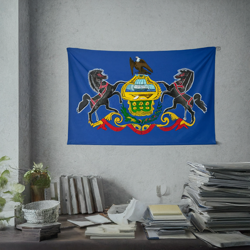 pennsylvania flag inside government office with stacks of documents on a desk