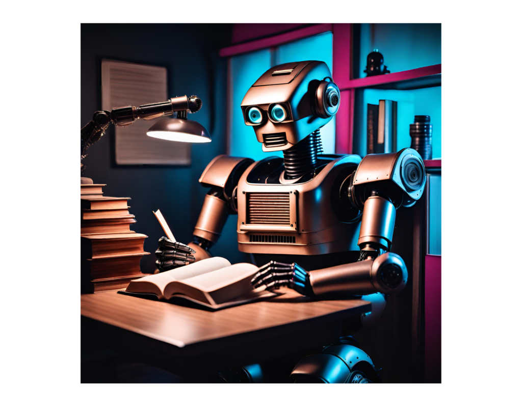 ai robot reading book and taking notes on library desk