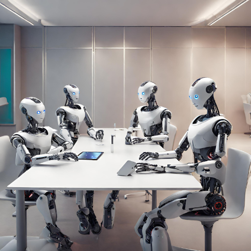 ai robots sitting at a table and working together