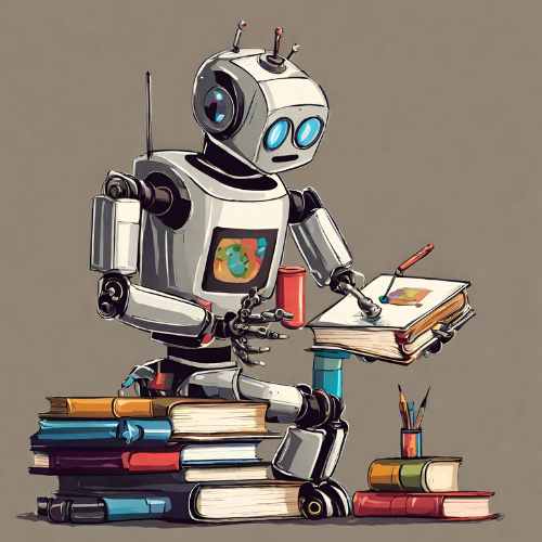 a robot with a stack of books and art supplies showing the many roles of ai including a creative and a tutor