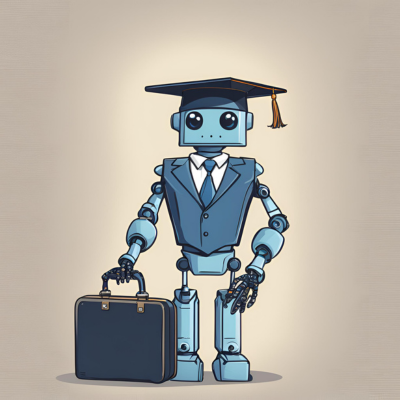 ai robot in a suit and graduation cap with a business degree