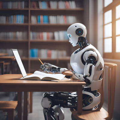 ai robot studying in a college library