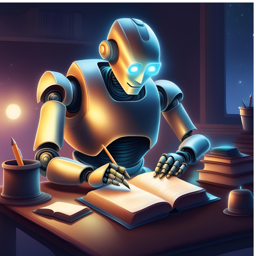 robot writing a book on a desk with dim lighting in the background
