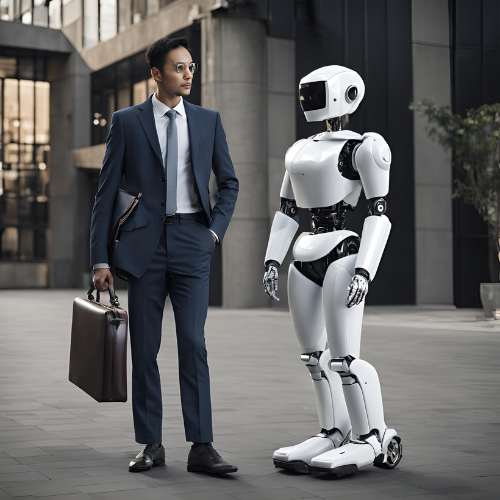 man with a suit and briefcase being trained for a professional job by an ai robot