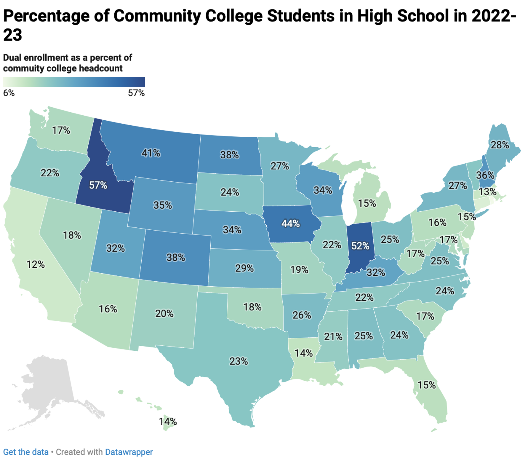 map showing percentage of community college students in high school by state