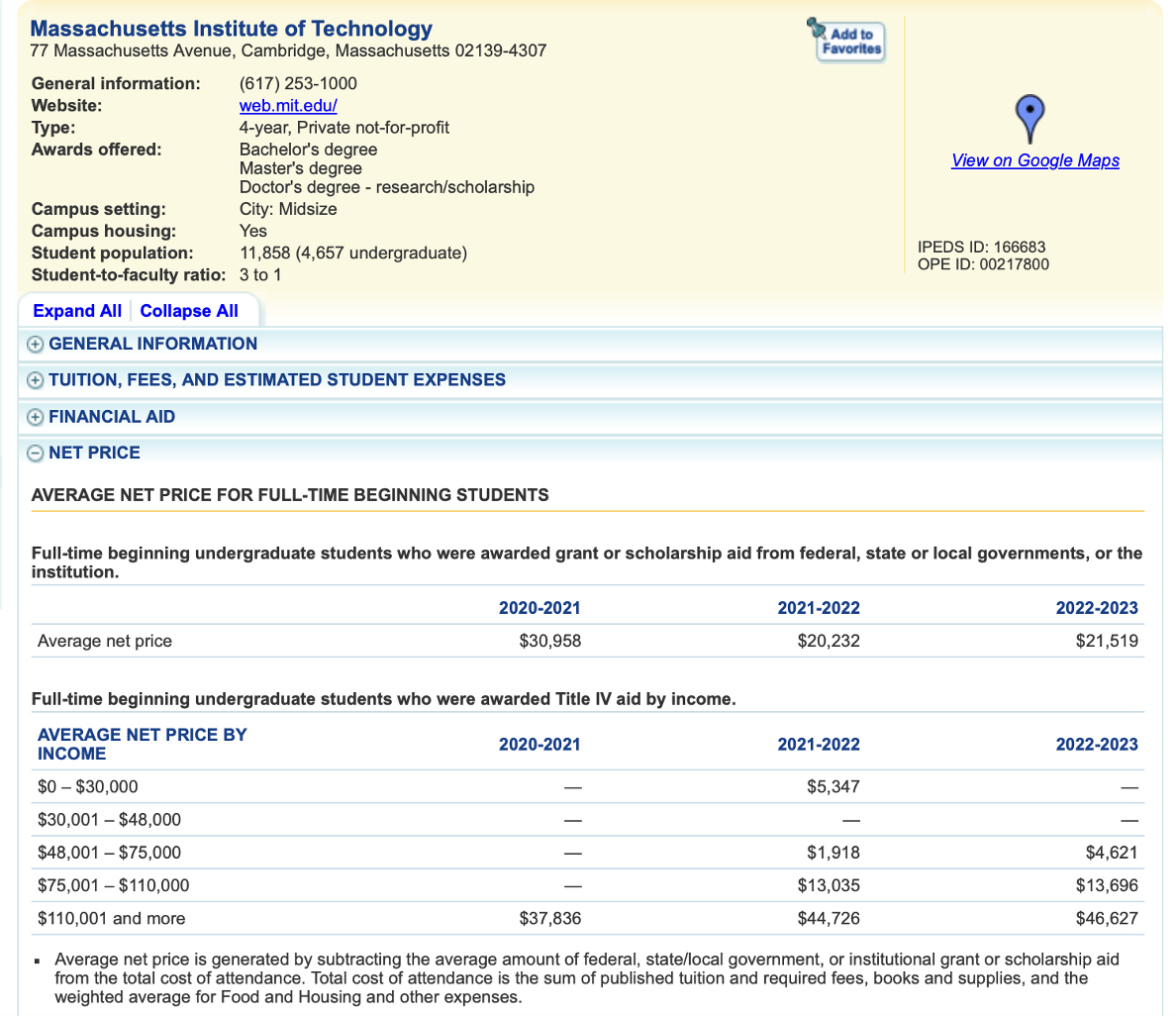 screenshot of Massachusetts Institute of Technologys current College Navigator data highlighting that mit is a member of the Ivy Plus schools that already provide a lower net price for the lowest-income students and recently announced a free tuition offer for low income students