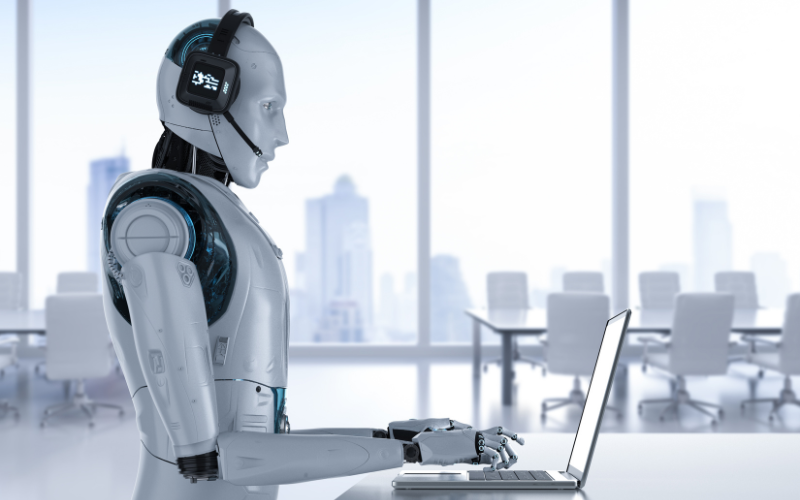 ai robot wearing a headset having a conversation on ai chatbox on a laptop