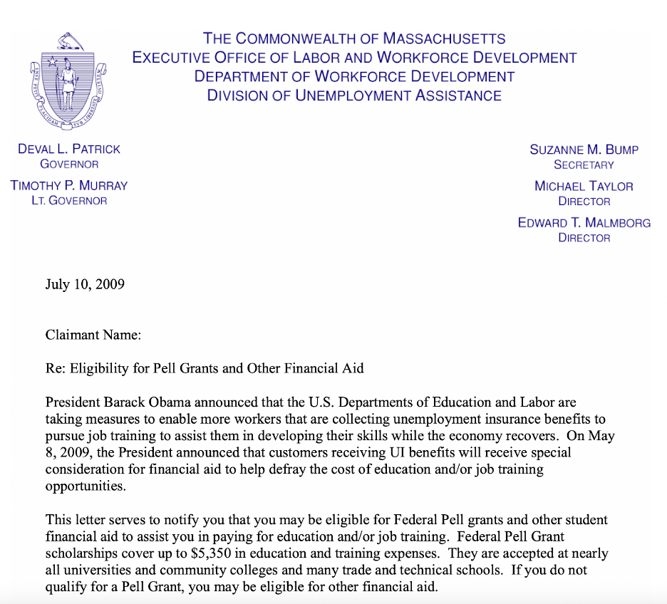 A letter from the commonwealth of Massachusetts on eligibility for pell grants and other financial aid 
