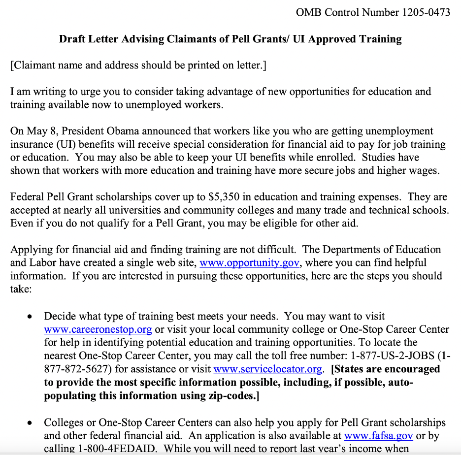 draft letter sent to the department of unemployment advising claimants of pell grants and ui approved training 