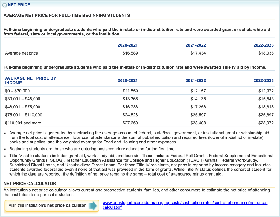 screenshot of college navigator