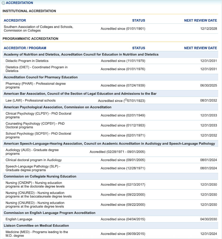 screenshot of college navigator accredation information