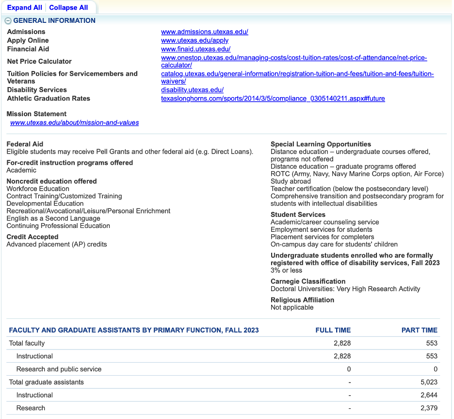 screenshot of college navigator general information page