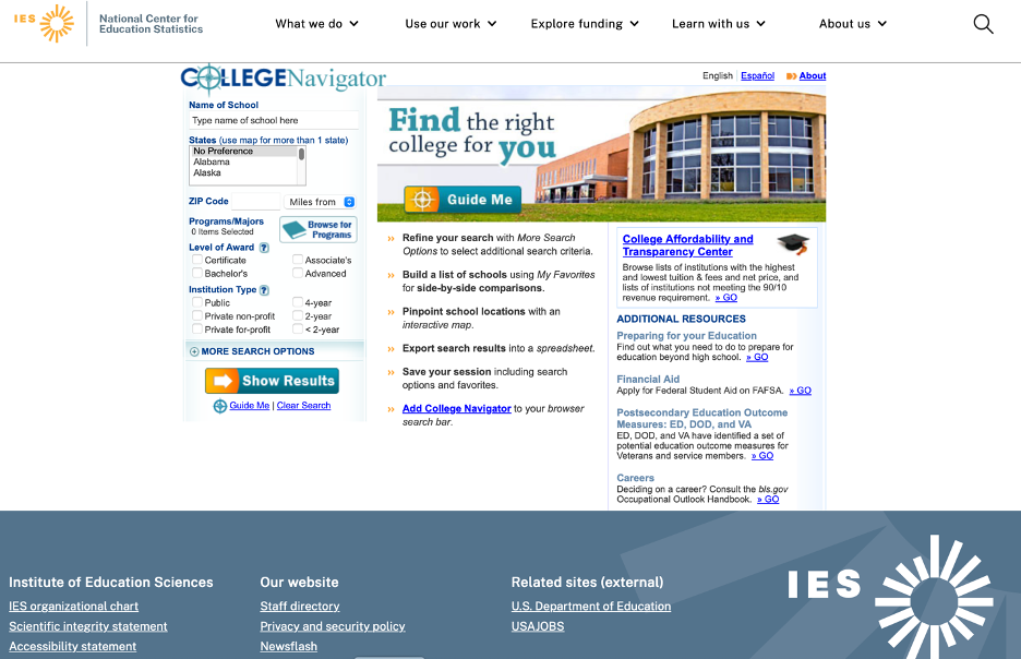 screenshot of landing page of College Navigator