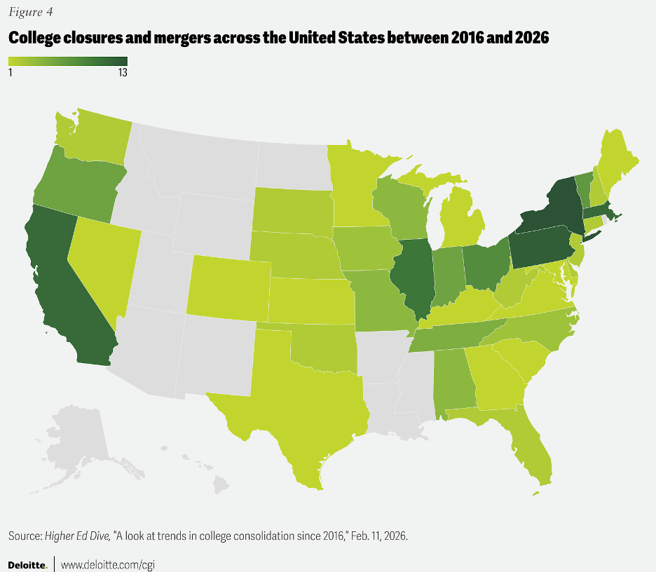 map of college closers and mergers across the US between 2016 and 2026