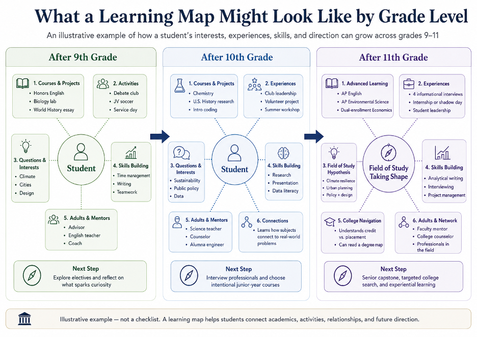 illustrated example of how a students interests skills experiences and directions can grow across grades 9-11